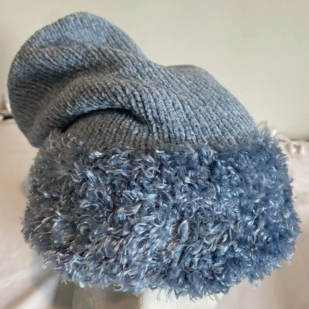 Womens beanie fine Knit lined hat blue slouchy or cuffed faux sherpa brim